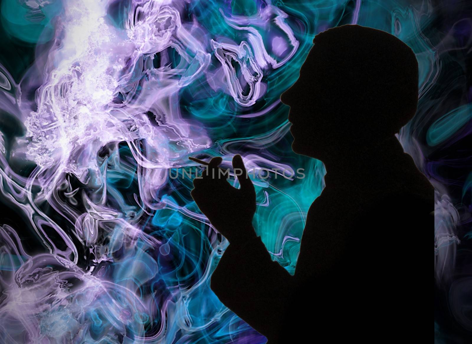 Silhouette of a smoking man on the colorful smoke background - addiction to nicotine by balage941