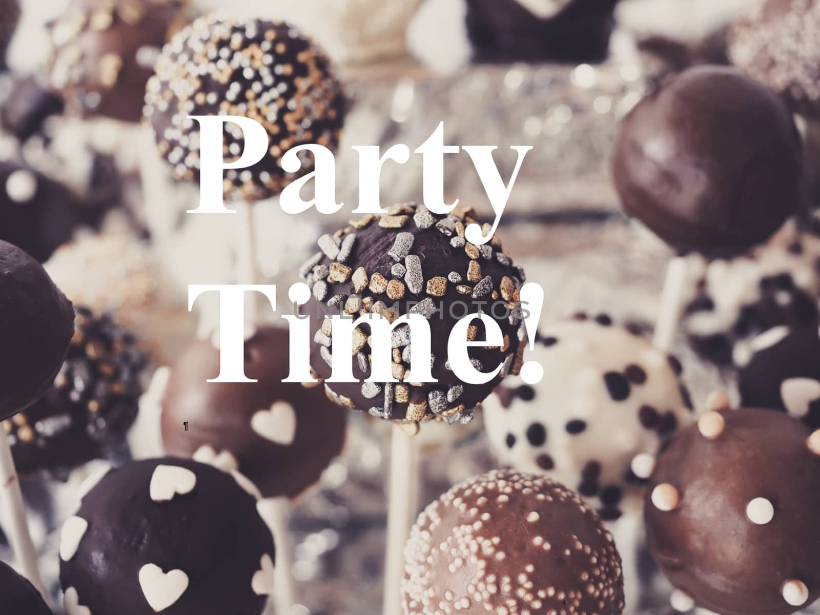 Soft focus of delicious cake pops with PARTY TIME overlay text by balage941