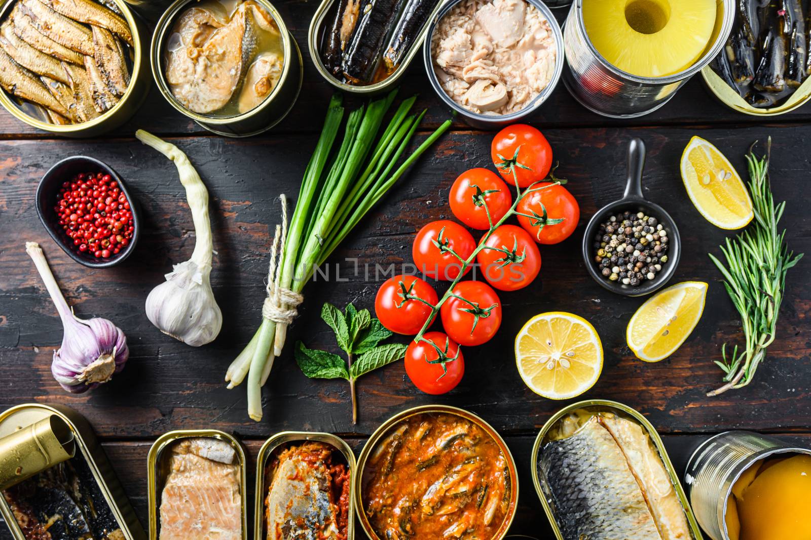Canned preserves food in cans with fresh organic bio ingredients tomatoe herbs lemon prepared vegetables, meat, fish and fruits in tin cans On the old dark wood farm table.