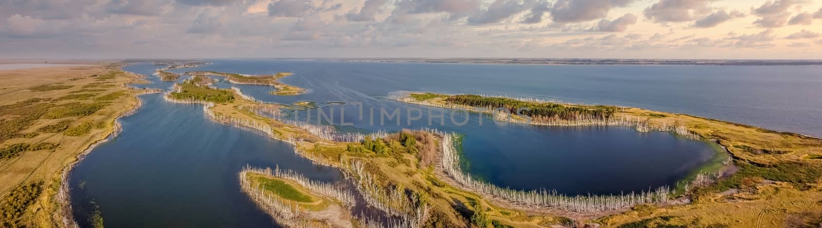 Beautiful panoramic high angle aerial drone shot of a cove and islands on one of Gorkoje lakes in Altai Krai, Siberia, Russia. Sunset cloudy sky in the background. Amazing landscape.