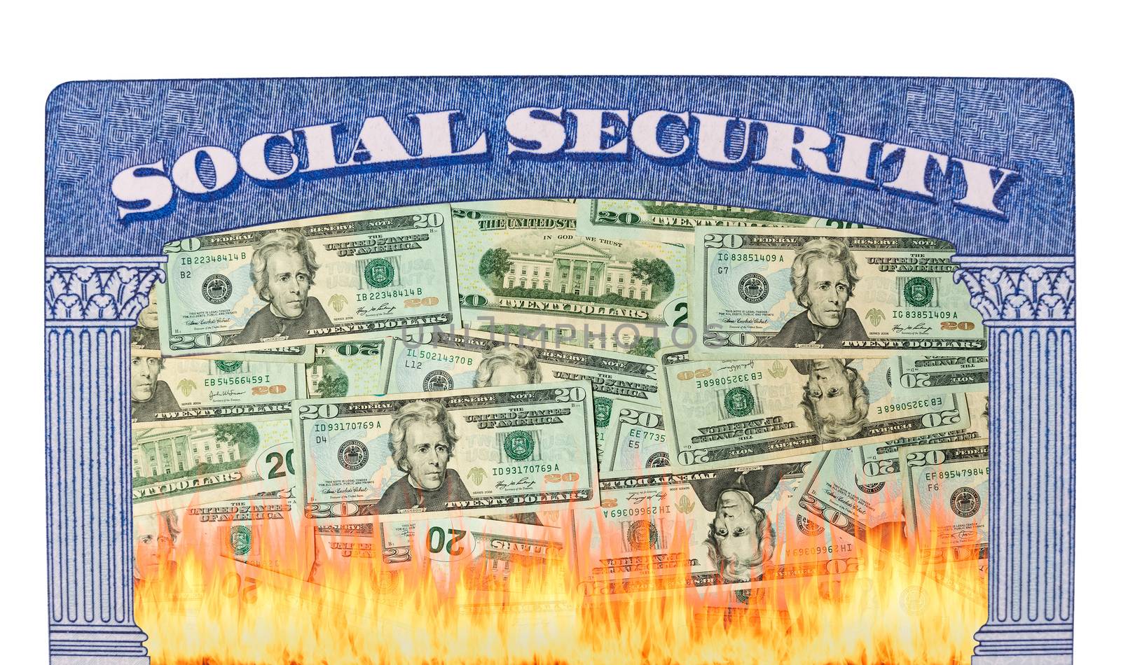Concept of social security and retirement funding issues in USA with many US dollars on fire inside the framework of a social security card