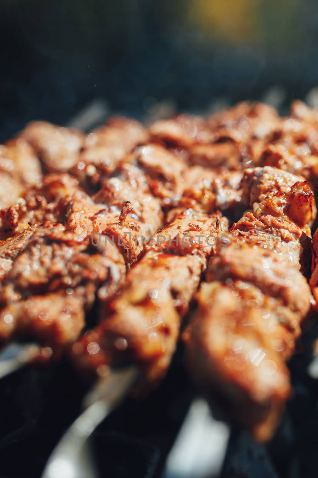 grilled barbecue meat on skewers with smoke