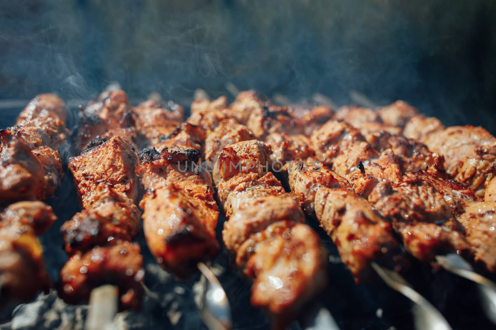 grilled barbecue meat on skewers with smoke by nikkytok