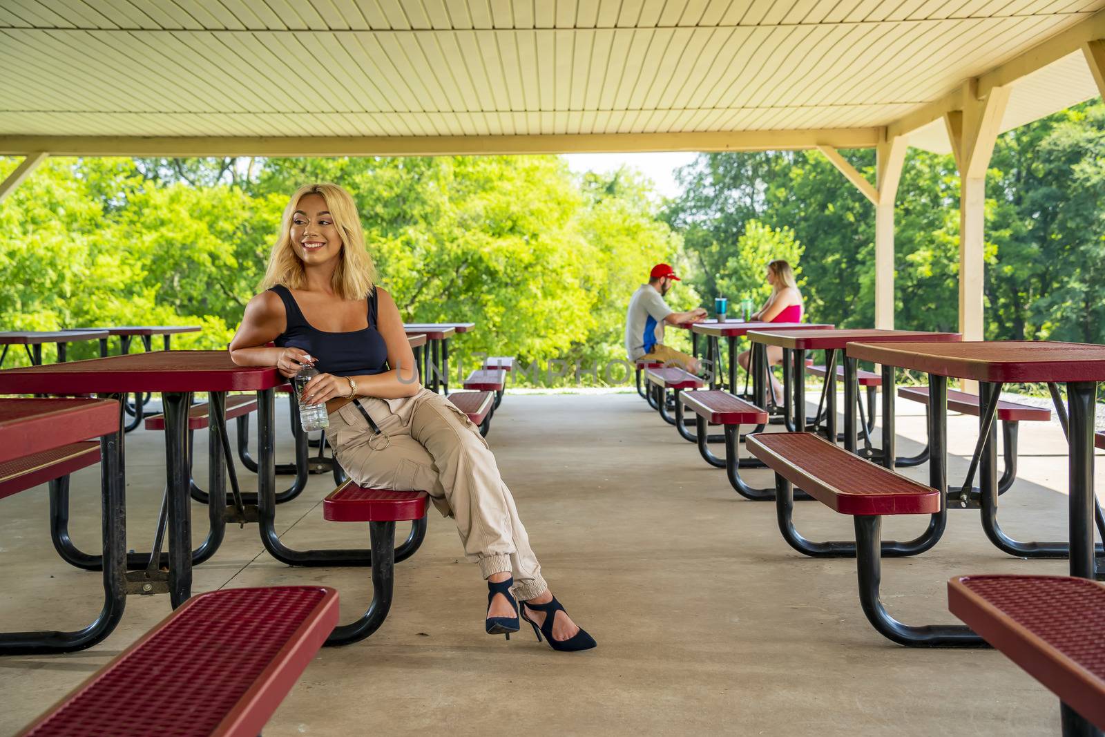 A gorgeous young blonde model enjoys a day outdoors while maintaining a safe distance from others during the Covid-19 pandemic