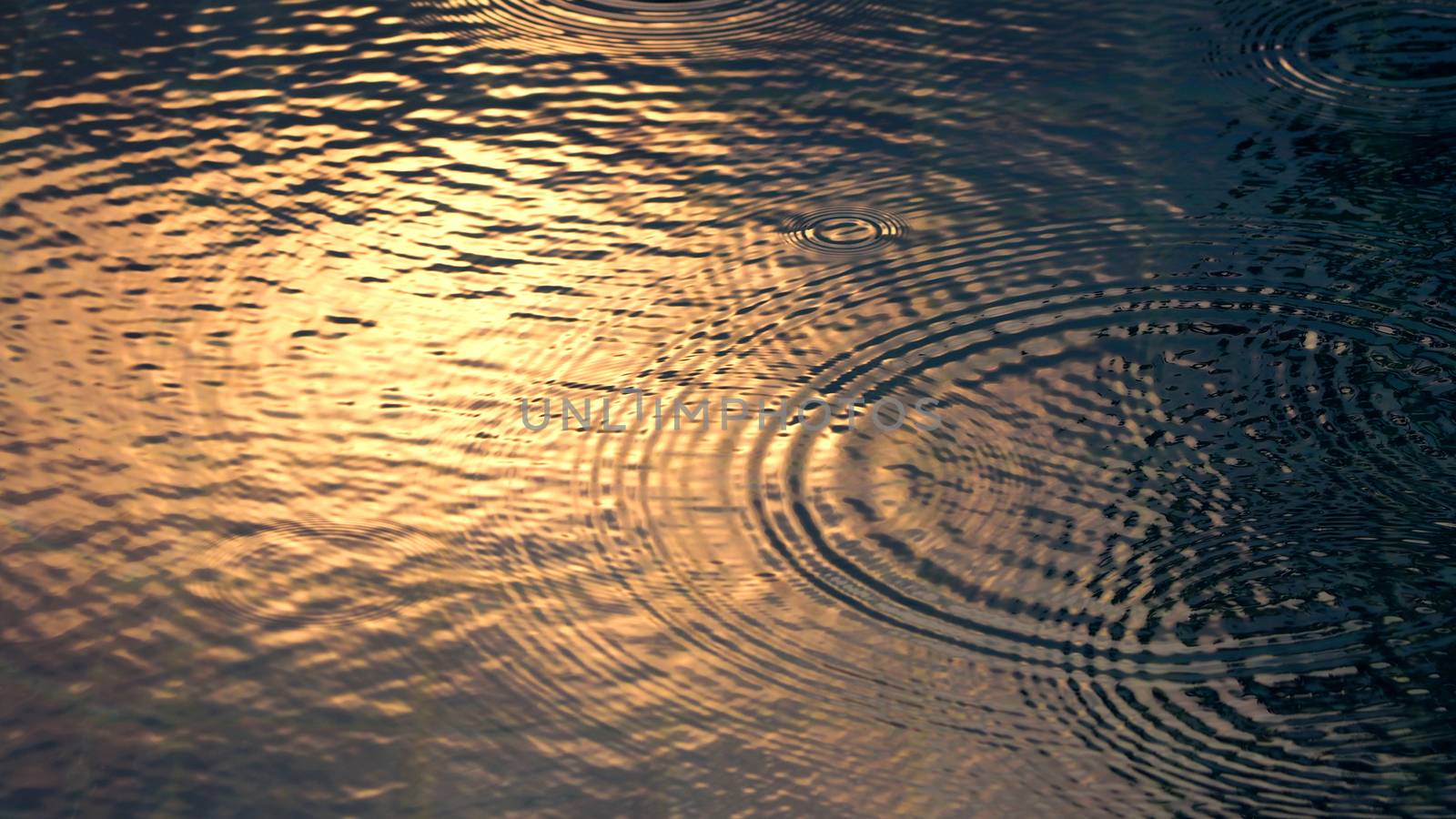 Rain drop falling on swiming pool and ripple shape and sun light reflection on water surface.