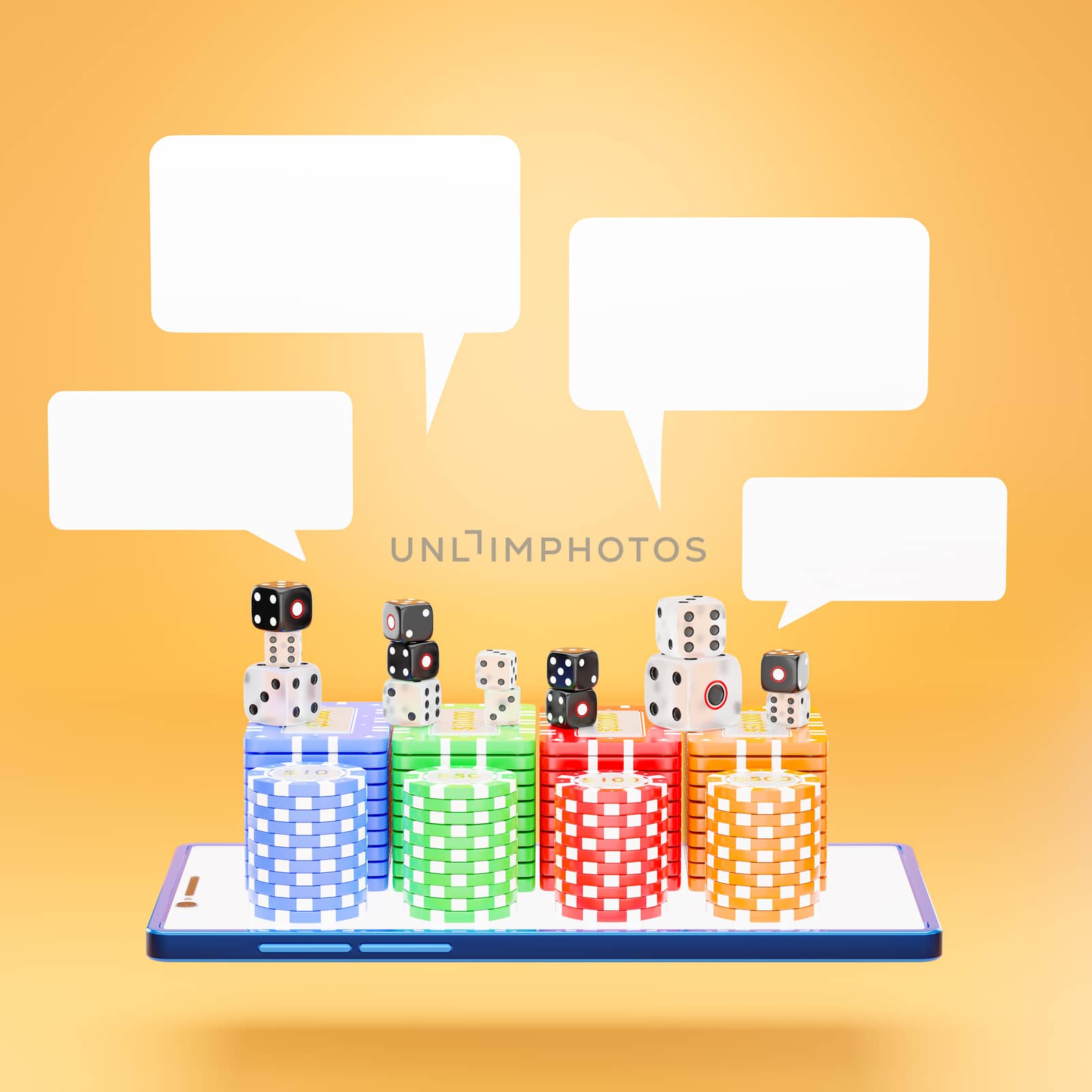 The dice and gambling stacking on the blue mobile phone screen and a blank white text box on an orange background. The concept of online casino gambling. 3D rendering illustration.