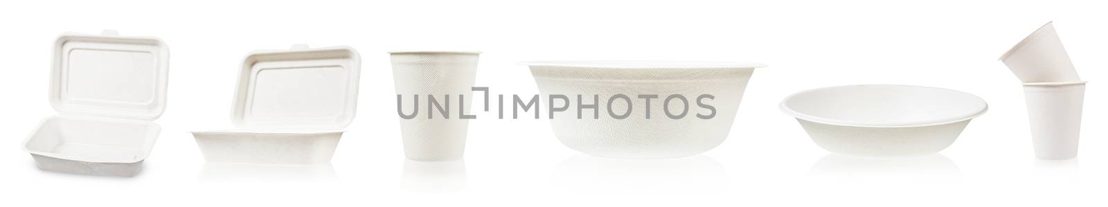 Set of container food boxs made from bagasse isolate on white background.