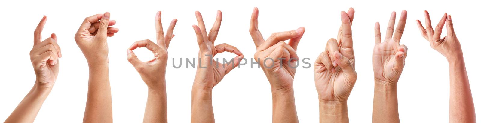 Collage with female hands showing different gestures on white background, isolated