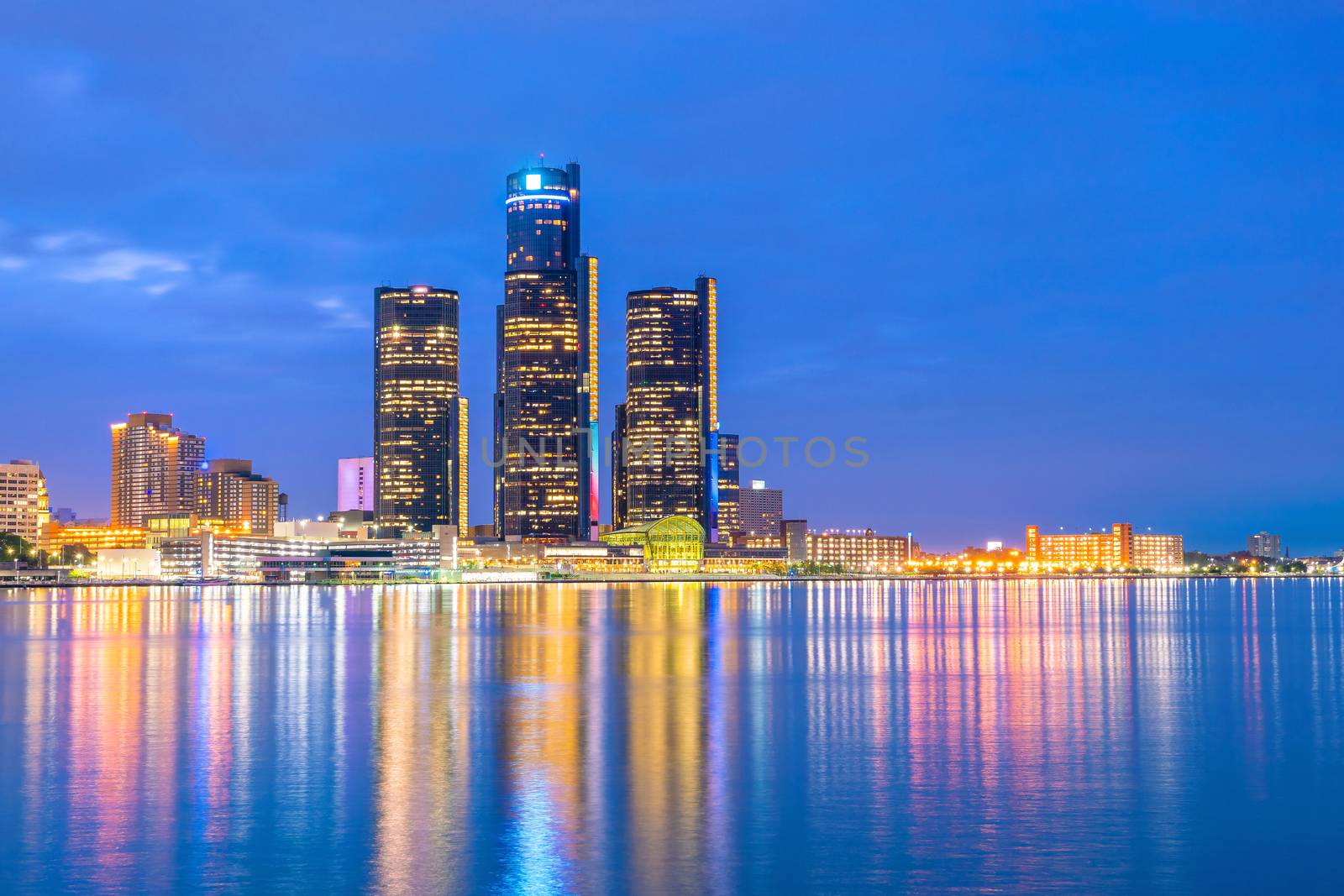 Detroit skyline in Michigan, USA at sunset by f11photo
