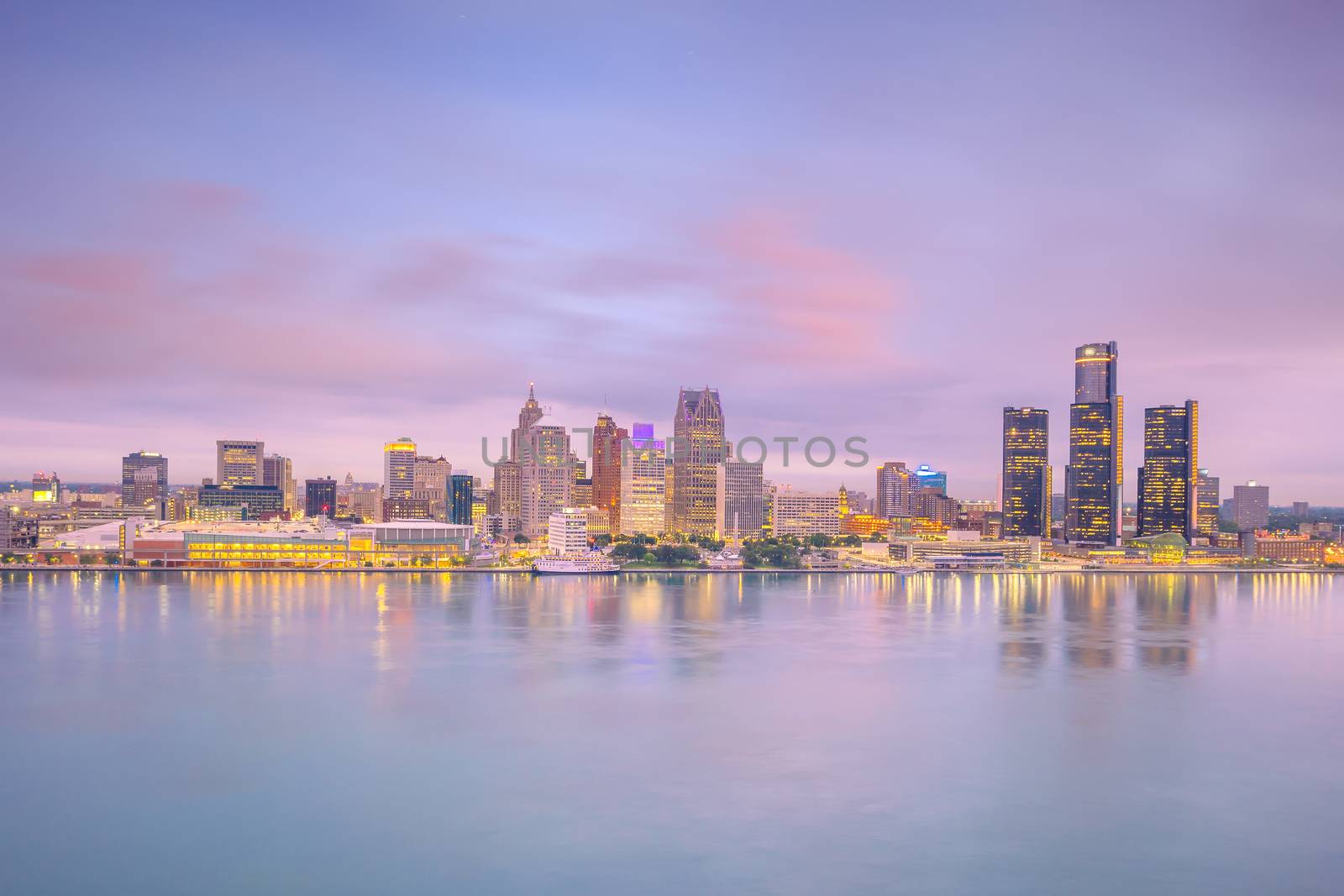 Detroit skyline in Michigan, USA at sunset by f11photo