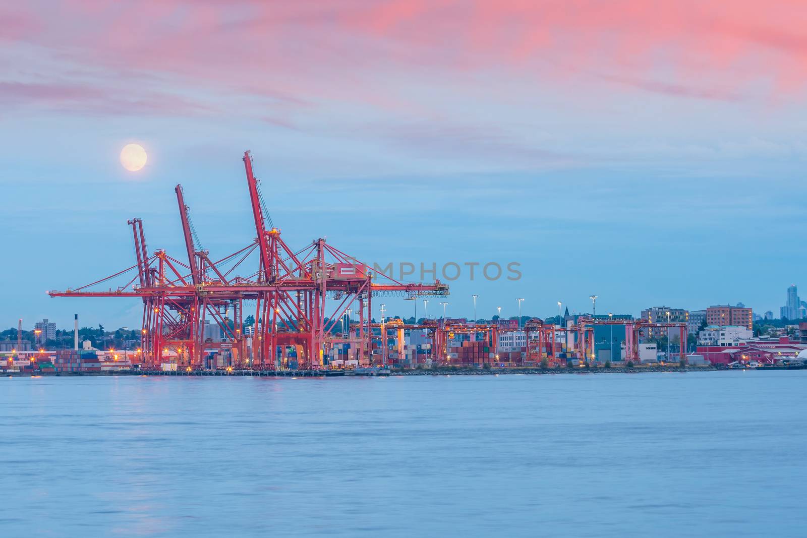 Vancouver Port with hundreds of shipping containers at night