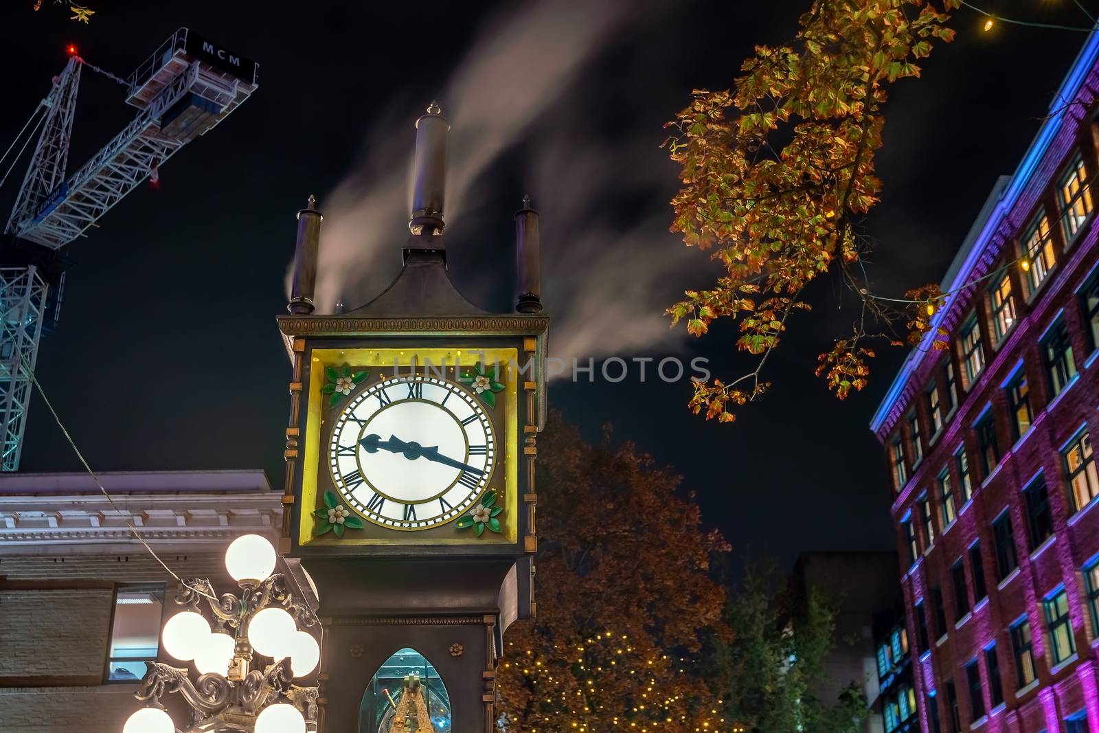 Old Steam Clock in Vancouver's historic Gastown district at night in Canada