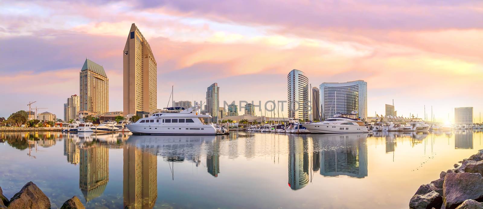 Downtown San Diego skyline in California, USA at sunset