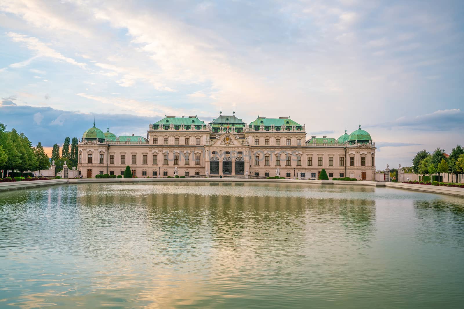 Vienna Belvedere Palace and the gardens at sunset in Austria