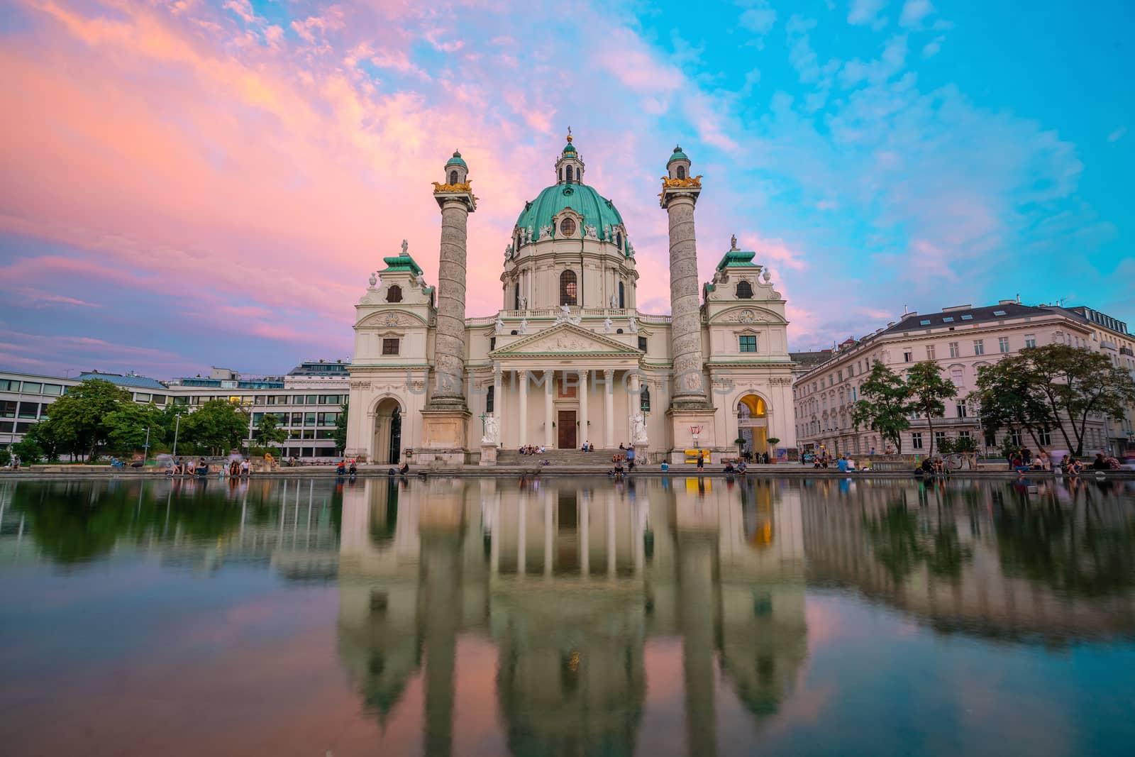 St. Charles's Church (Karlskirche) in Vienna, Austria at twilight