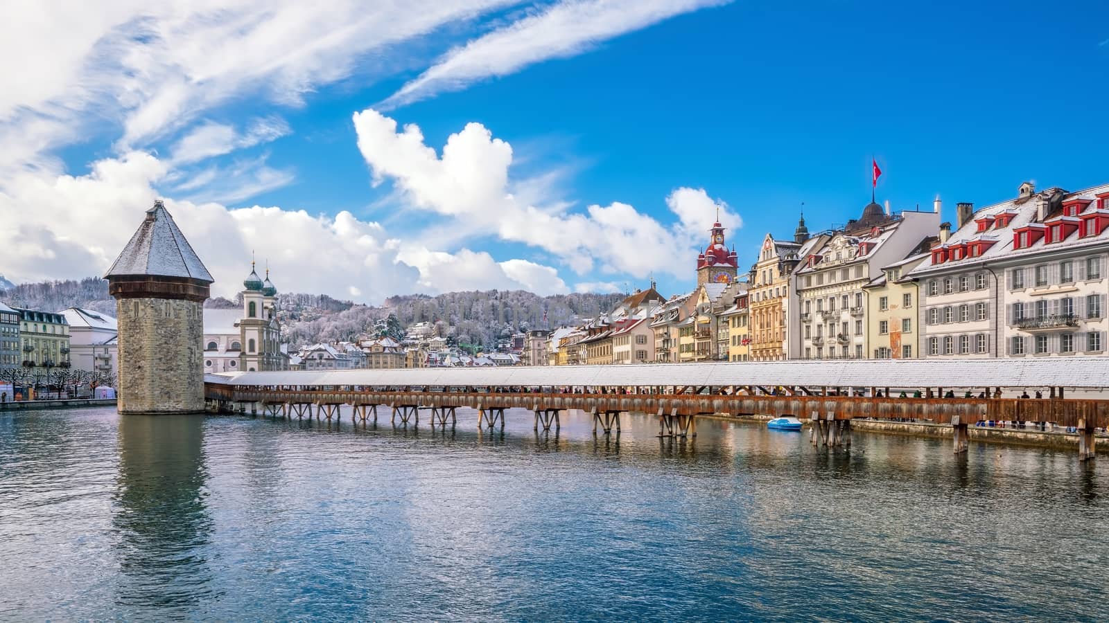 Historic city center of downtown Lucerne with  Chapel Bridge and by f11photo