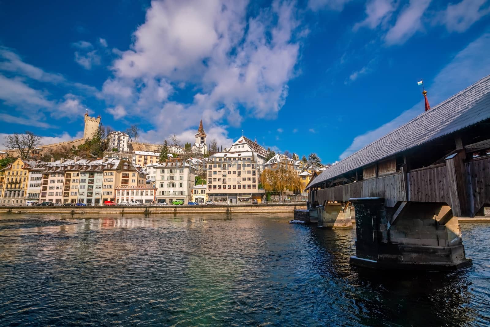 Historic city center of downtown Lucerne with  Chapel Bridge and lake Lucerne in Switzerland