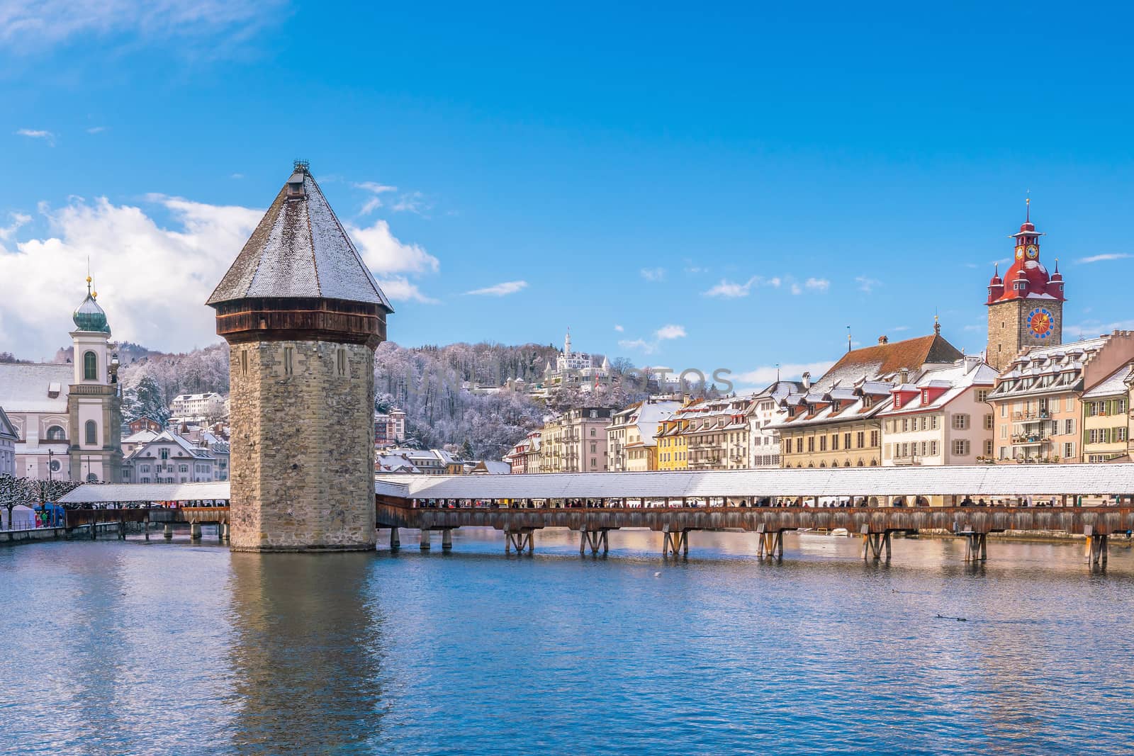 Historic city center of downtown Lucerne with  Chapel Bridge and lake Lucerne in Switzerland