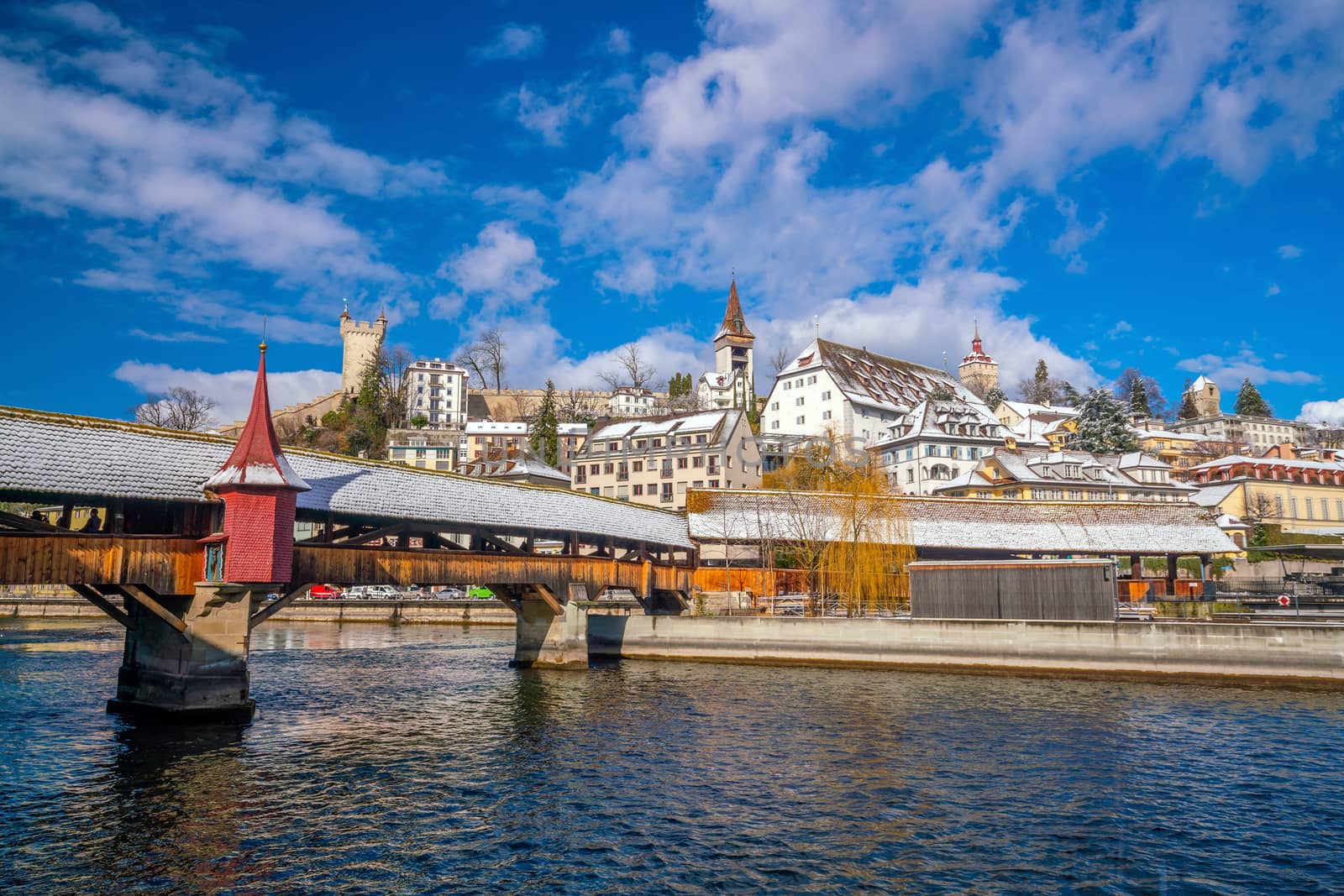 Historic city center of downtown Lucerne with  Chapel Bridge and lake Lucerne in Switzerland