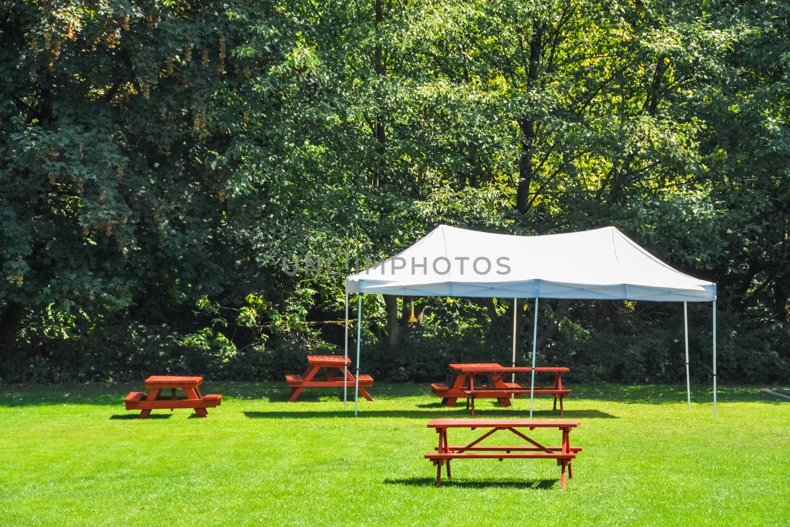 Rest area with red picnic tables and white tent installed on green lawn in a park