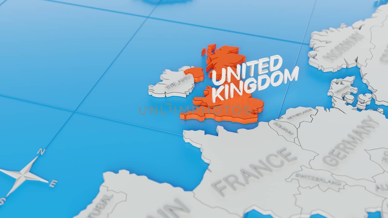 United Kingdom highlighted on a white simplified 3D world map. Digital 3D render.