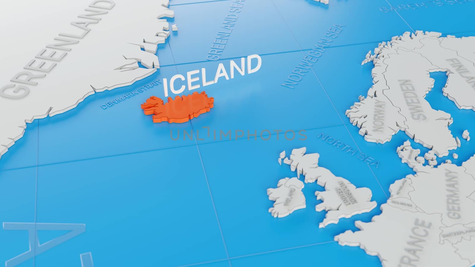 Iceland highlighted on a white simplified 3D world map. Digital  by hernan_hyper