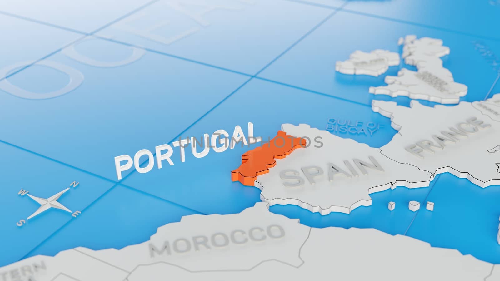 Portugal highlighted on a white simplified 3D world map. Digital by hernan_hyper