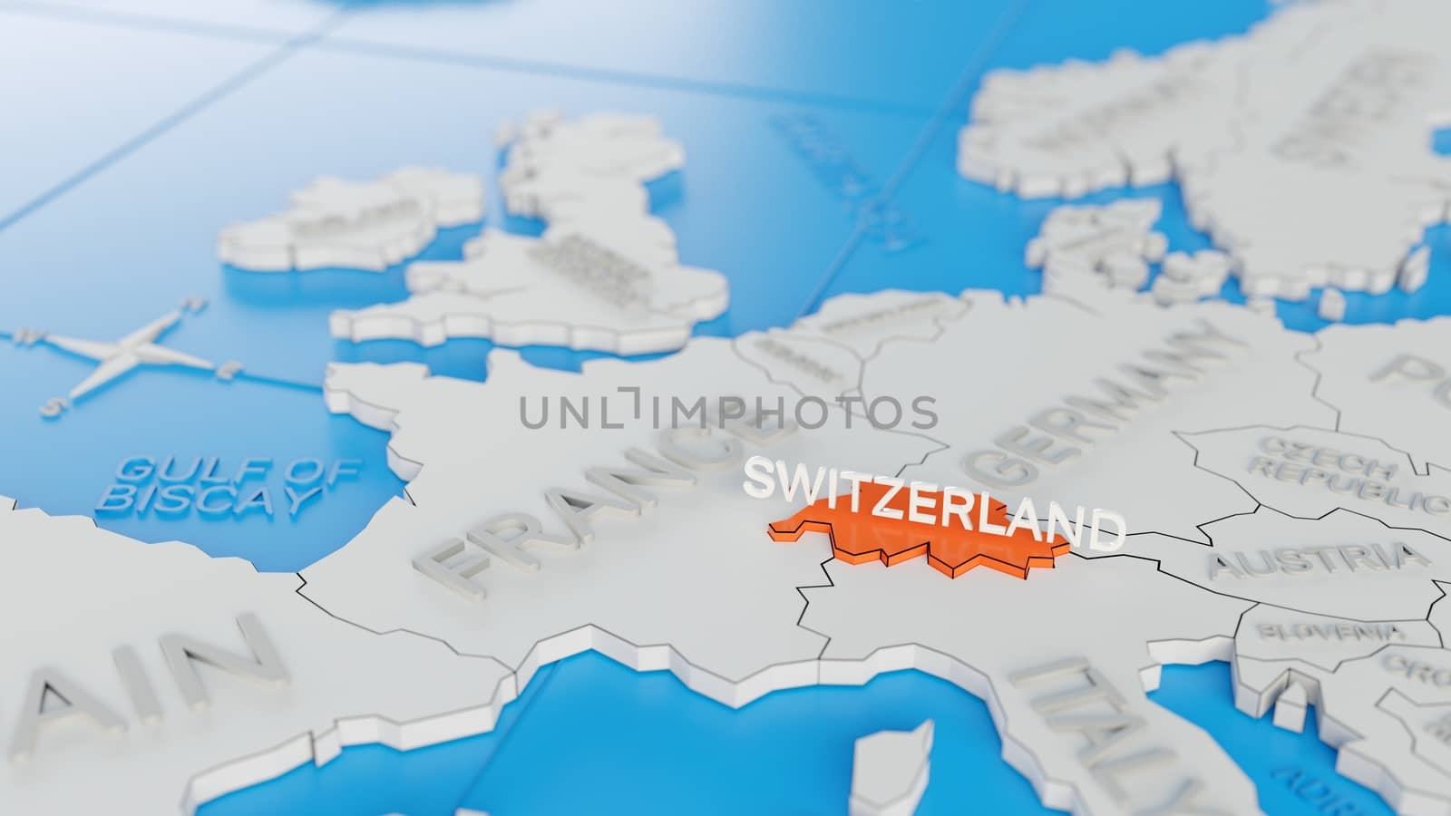 Switzerland highlighted on a white simplified 3D world map. Digi by hernan_hyper