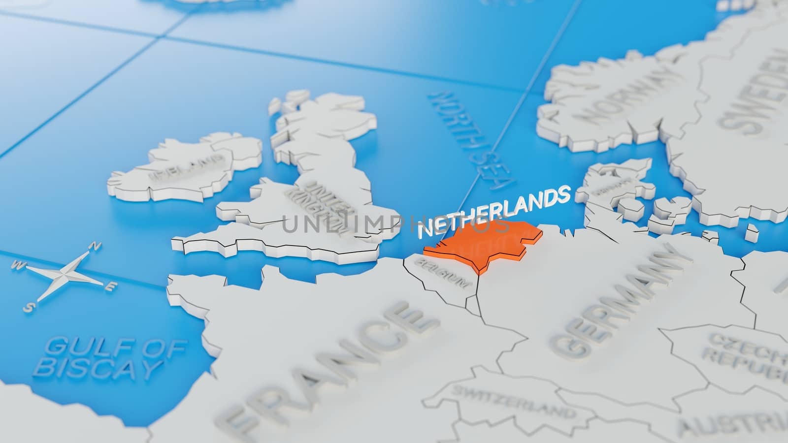The Netherlands highlighted on a white simplified 3D world map.  by hernan_hyper