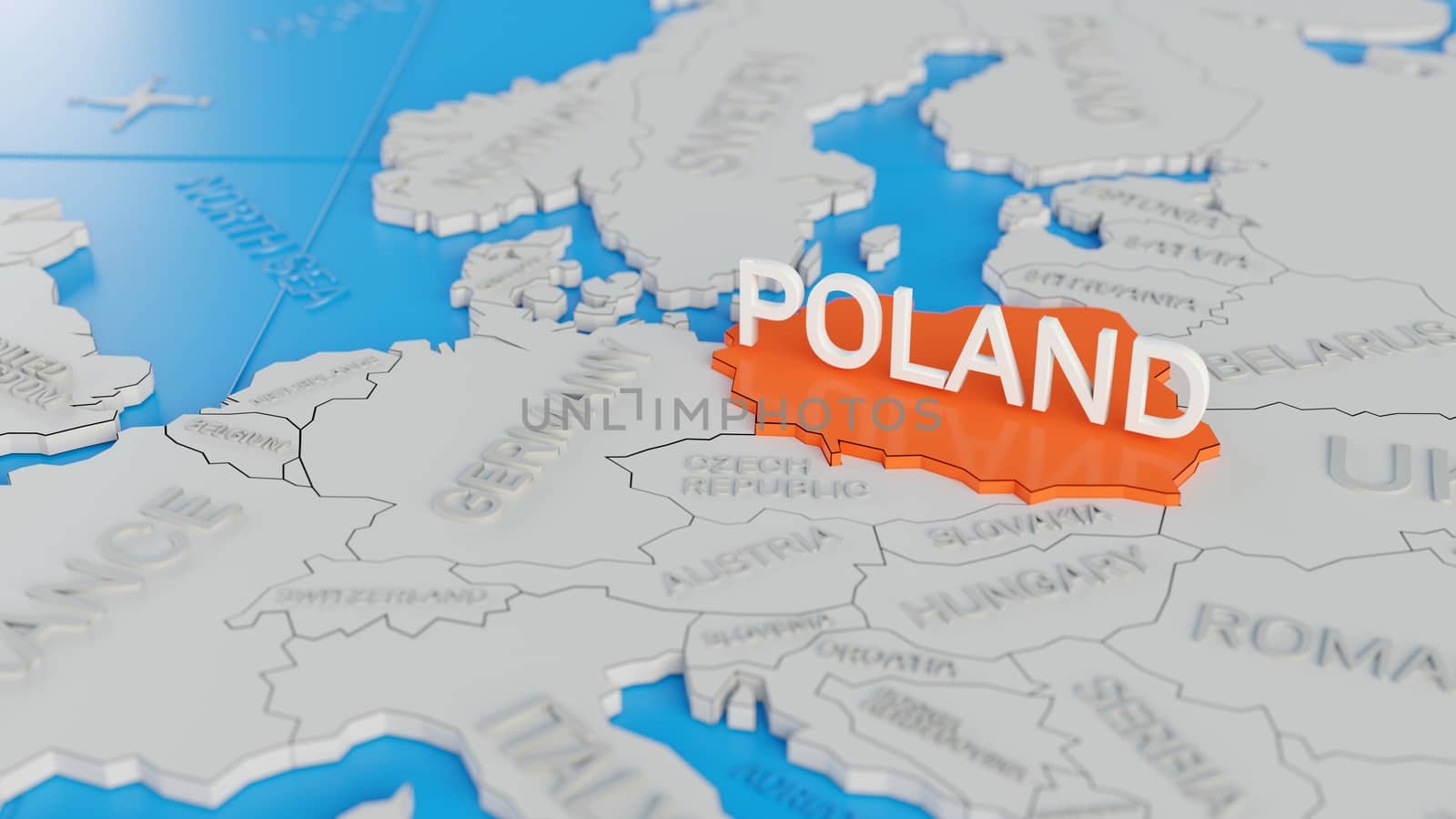 Poland highlighted on a white simplified 3D world map. Digital 3 by hernan_hyper