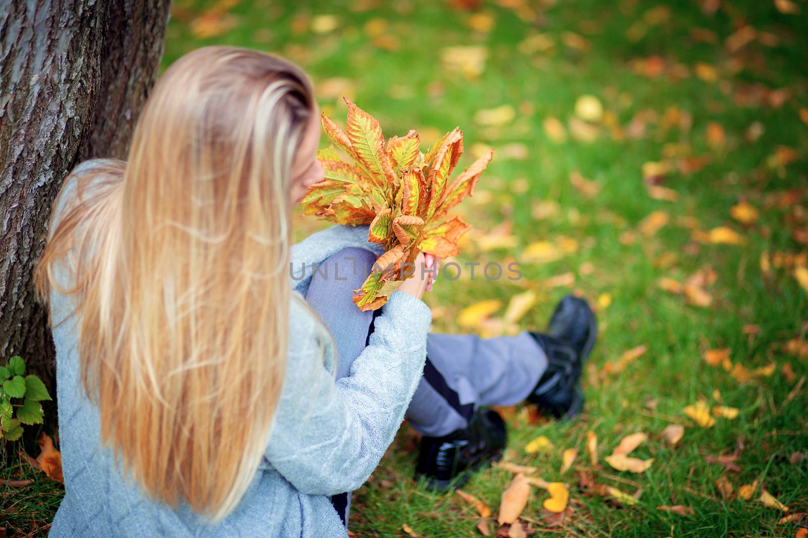 A beautiful girl in a gray cardigan sits on the grass in the park and holds a bouquet of autumn yellow leaves in her hands