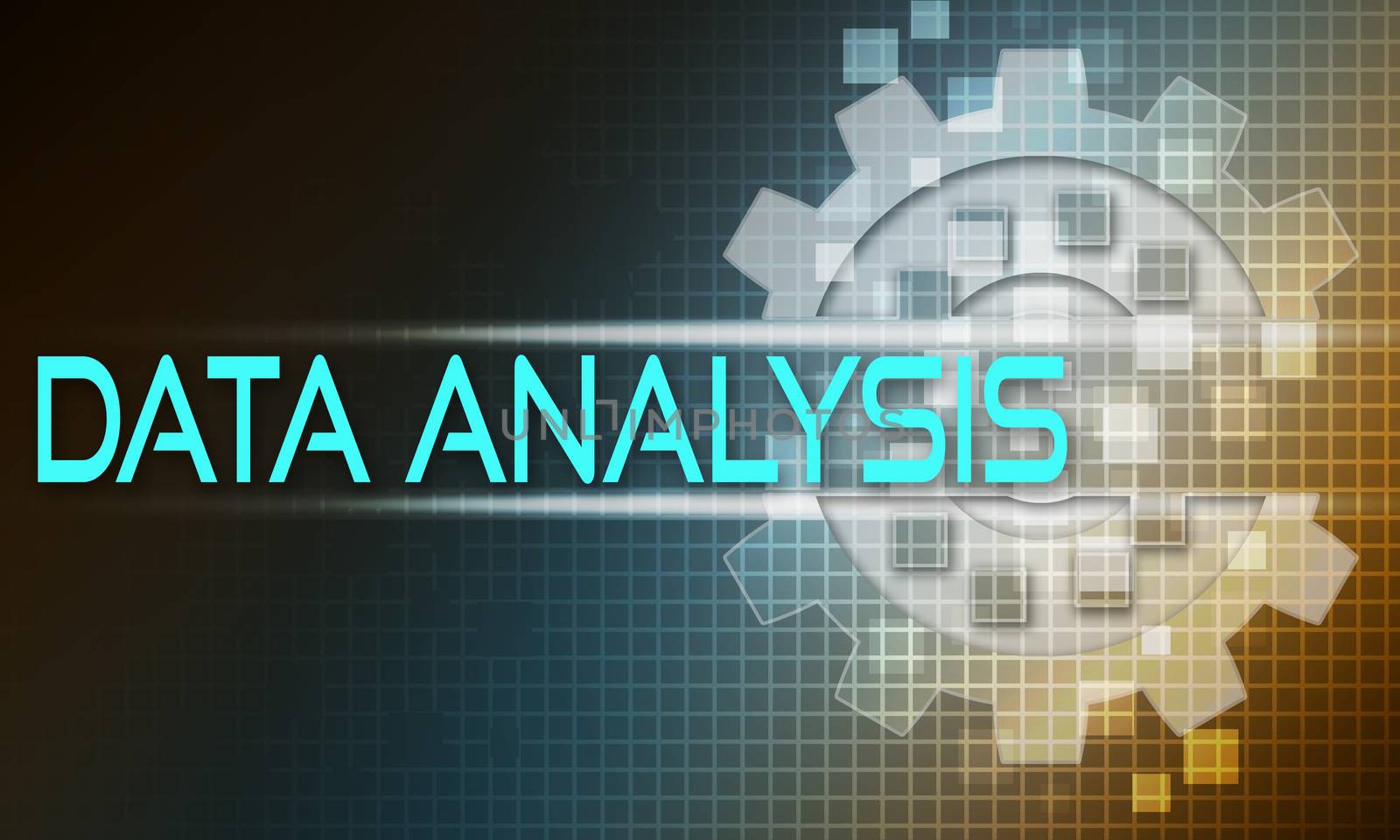 Data analysis concept text on the mechanism of gears. Technology background, 3d rendering.