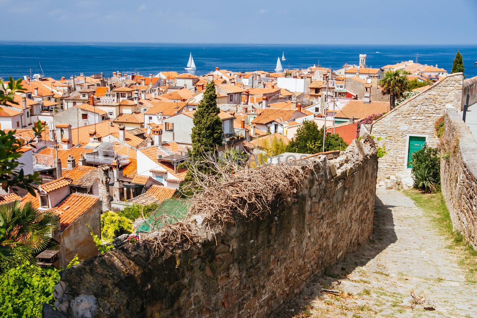 Quaint streets and rooftops on a hot summer's day in the iconic town of Piran in Slovenia