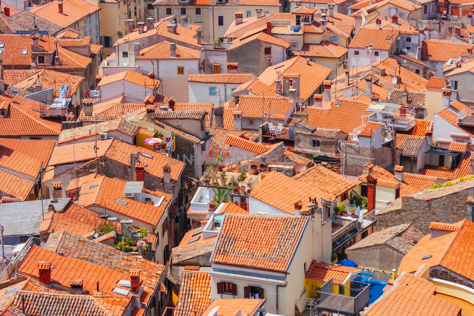 Quaint streets and rooftops on a hot summer's day in the iconic town of Piran in Slovenia