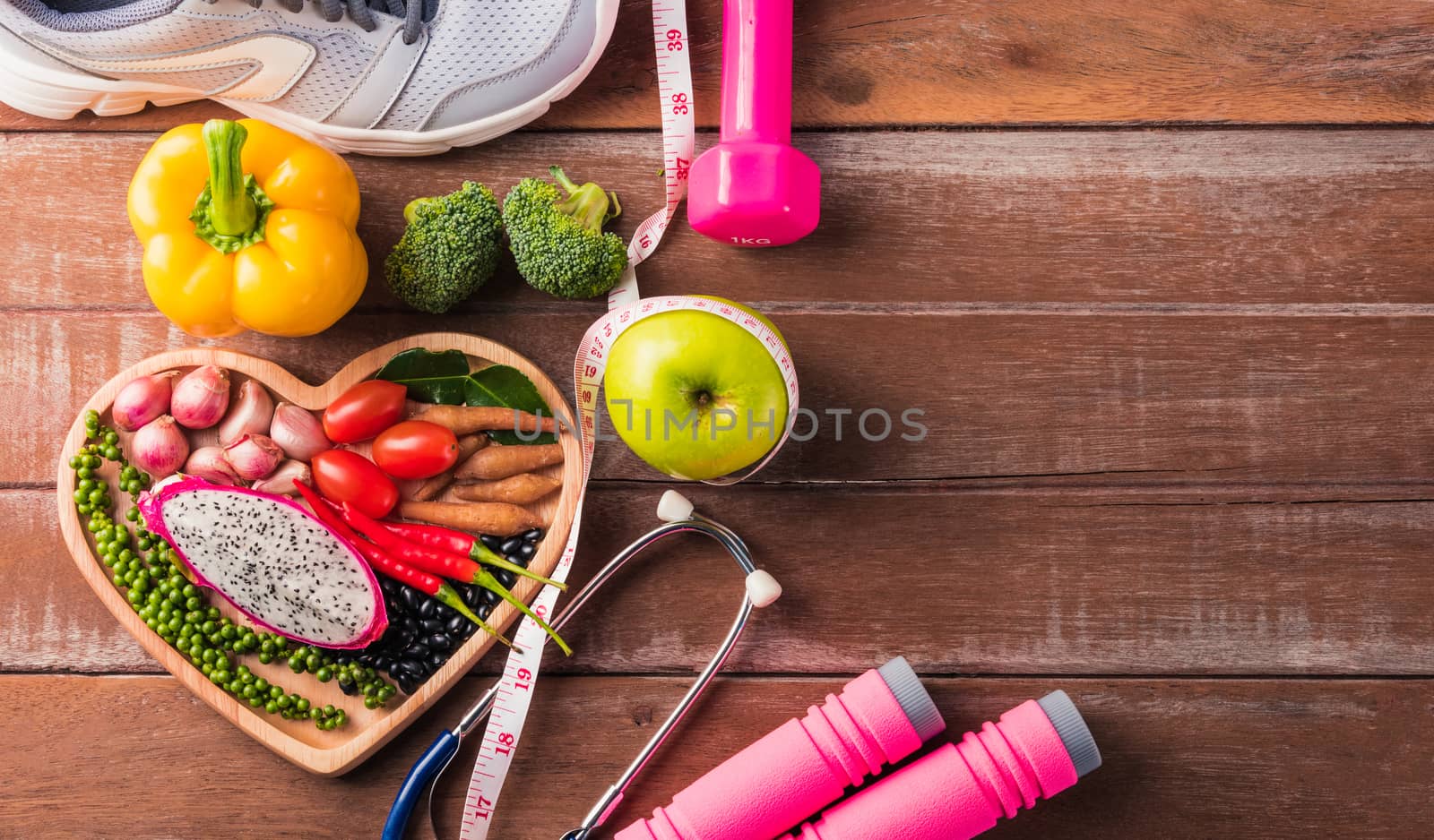 fruit and vegetable in heart plate, shoes, sports equipment and  by Sorapop