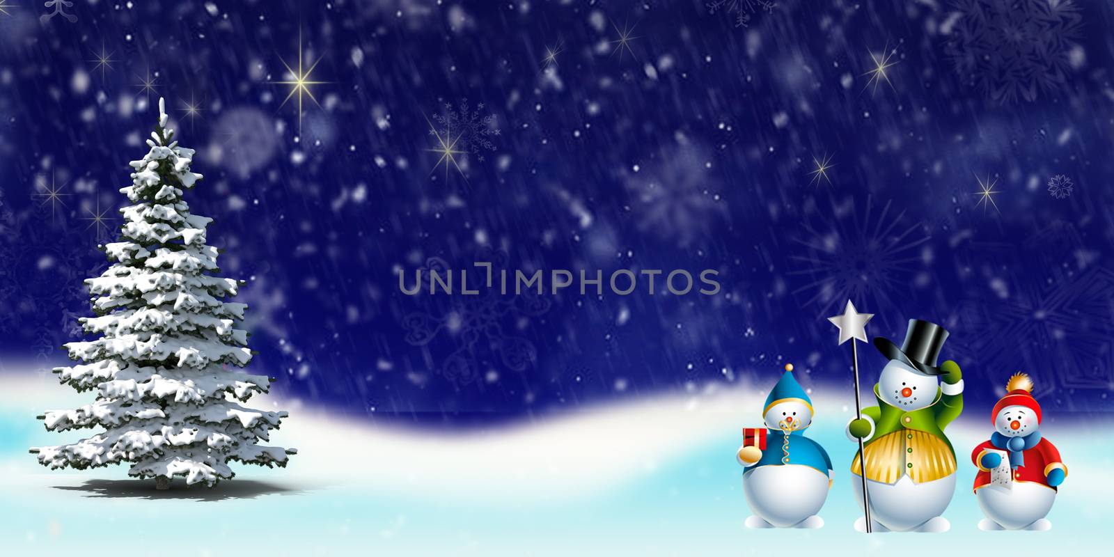 Beautiful Christmas card with a Christmas tree and snowmen. Dark blue background with snowflakes . Banner. Copy space