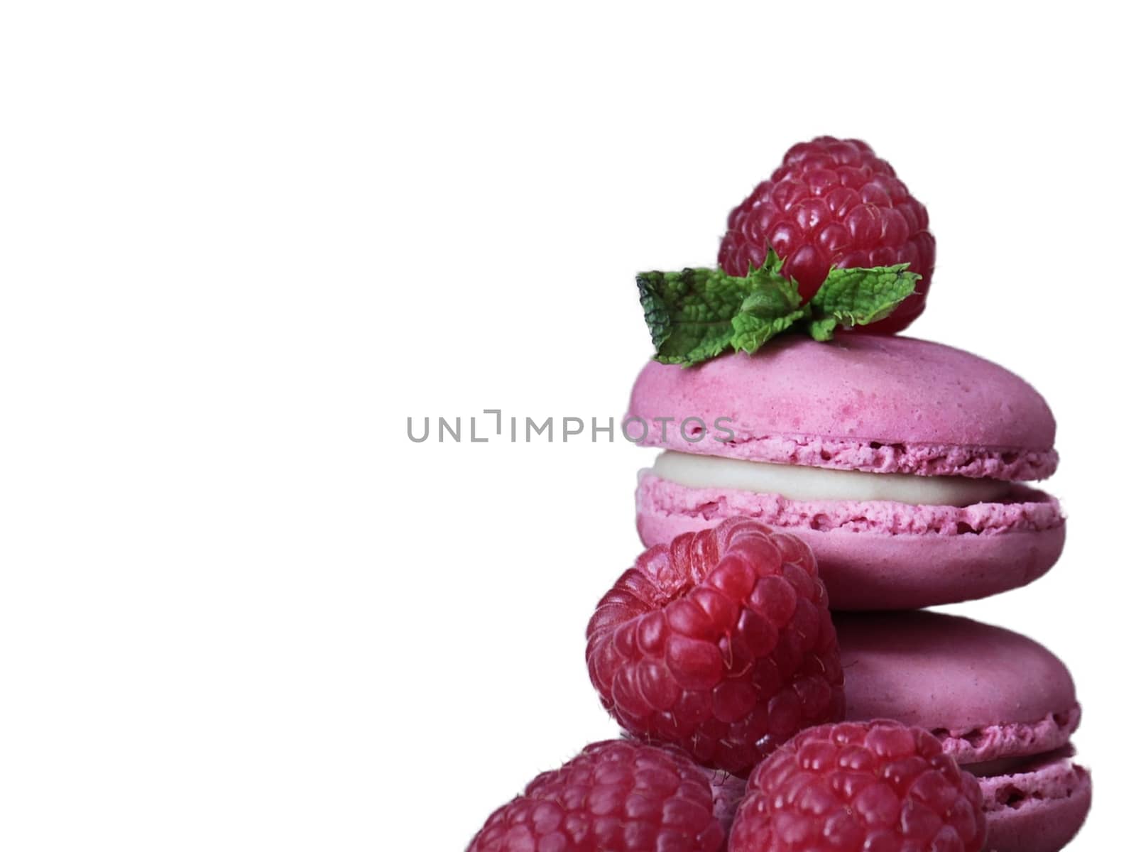 Raspberry macaron with raspberry pieces on a white background by balage941