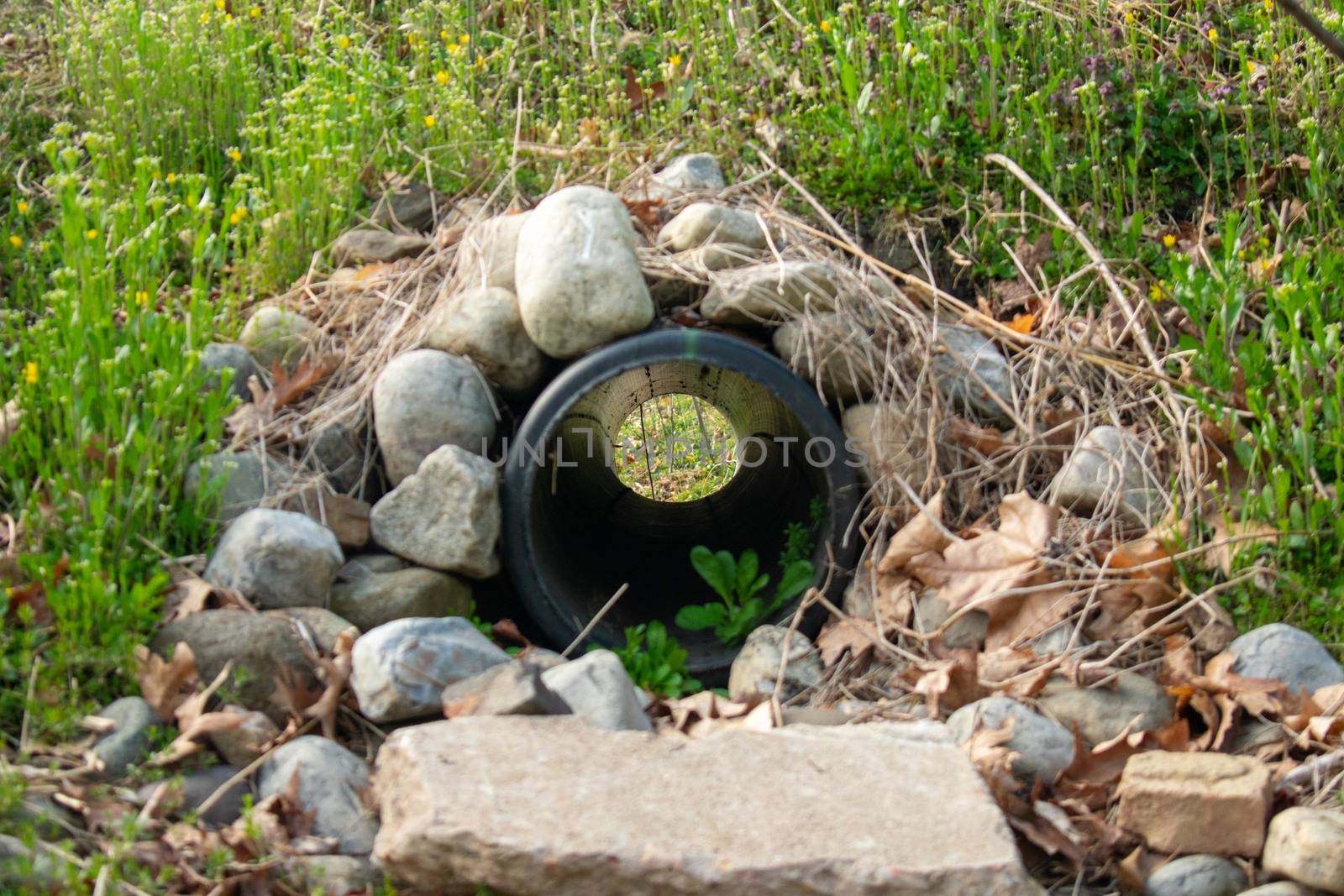 Looking Through a French Drain With a Black Pipe and Rocks Surro by bju12290