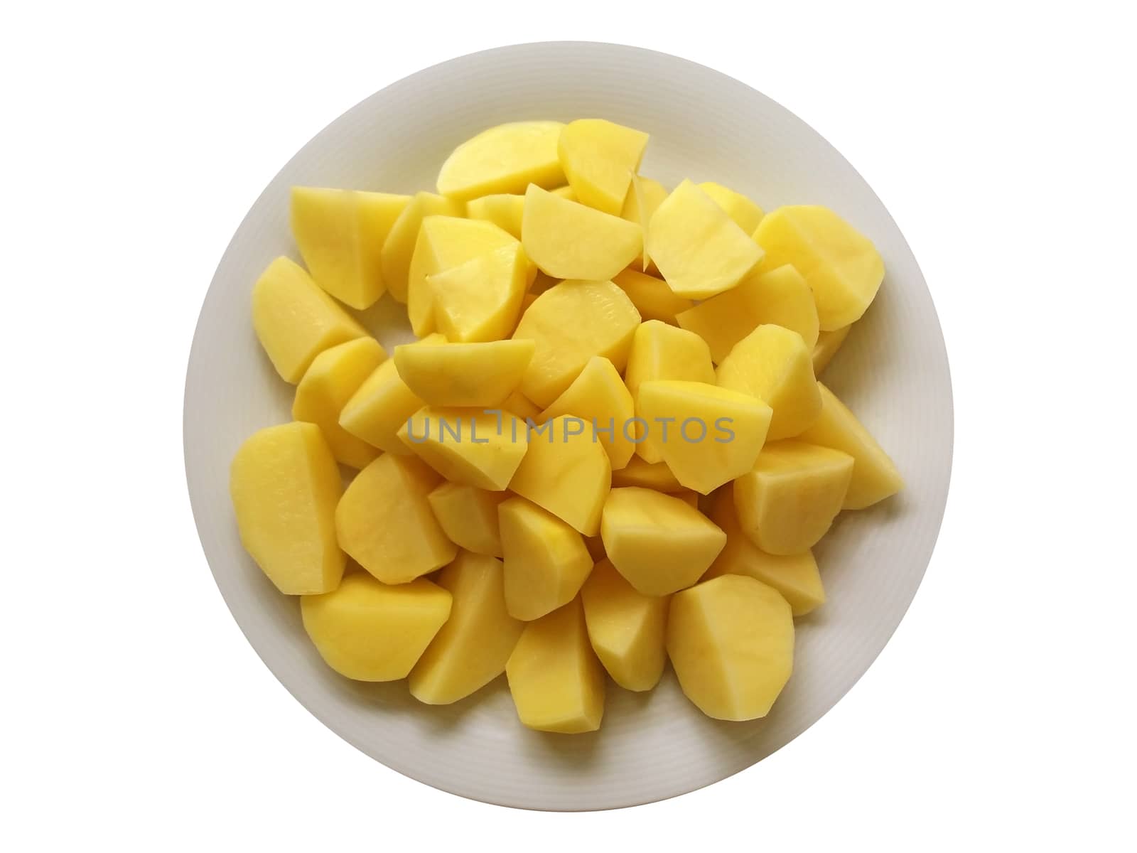 slices of potatoes in a plate on white background