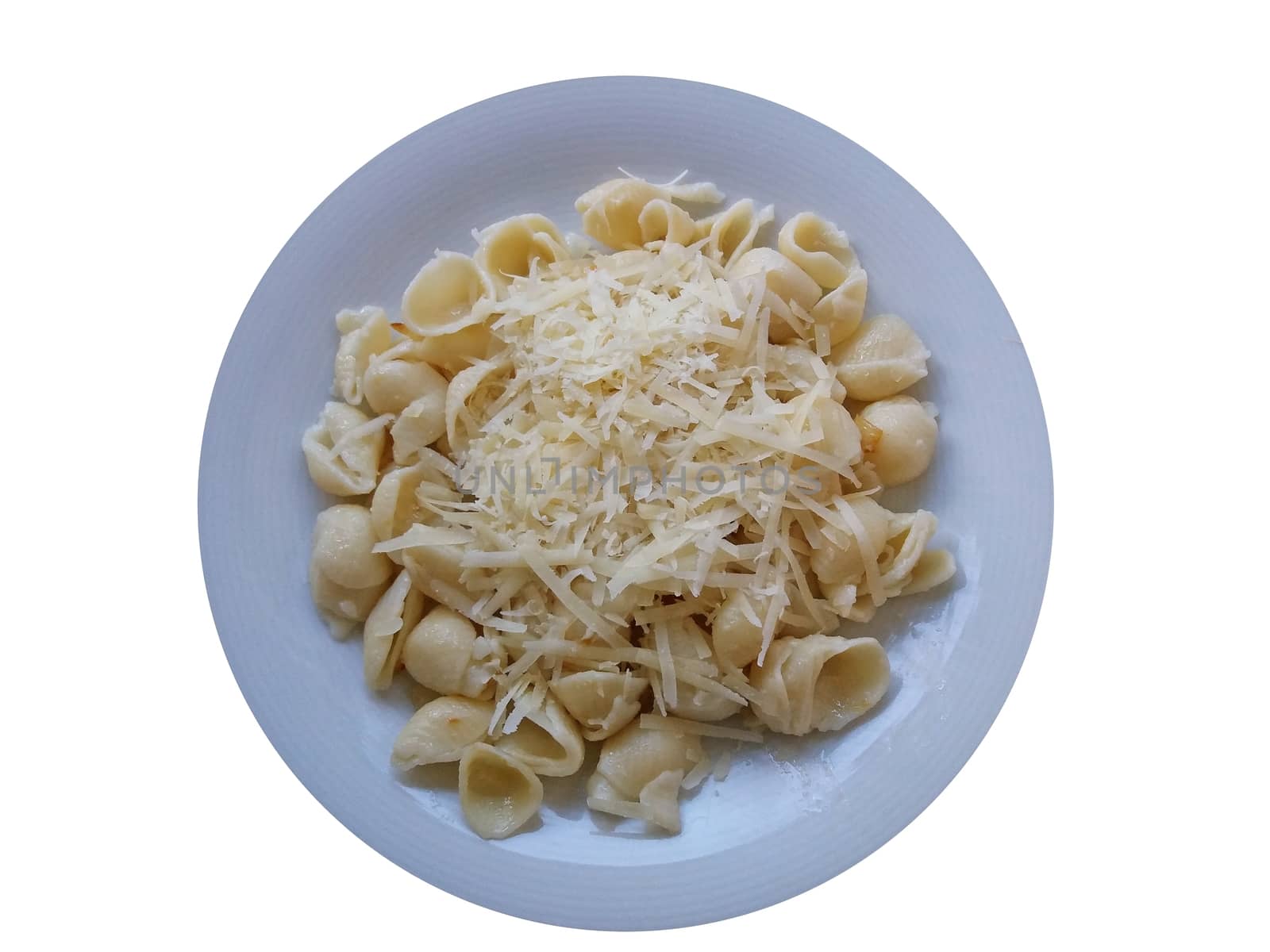Pasta with cheese on white background in a plate