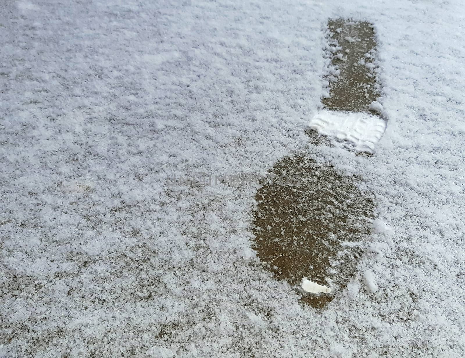 Human footprints in the snow, winter background.