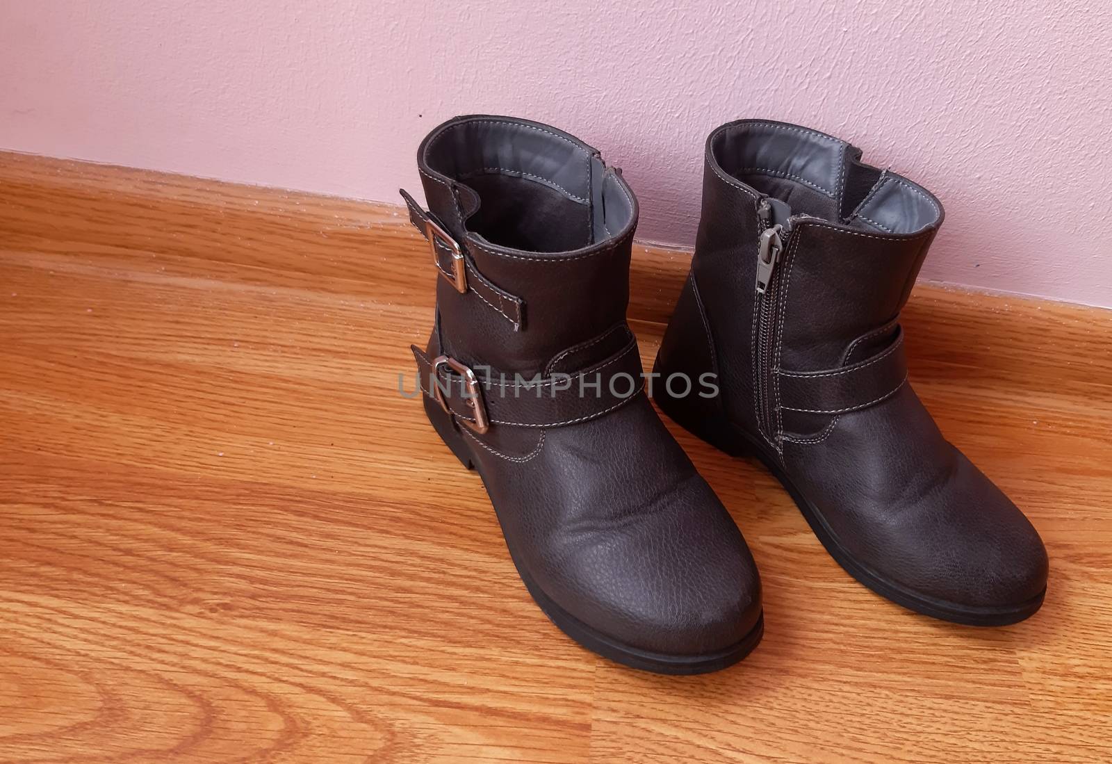 Winter leather shoes for little girls. Black color.