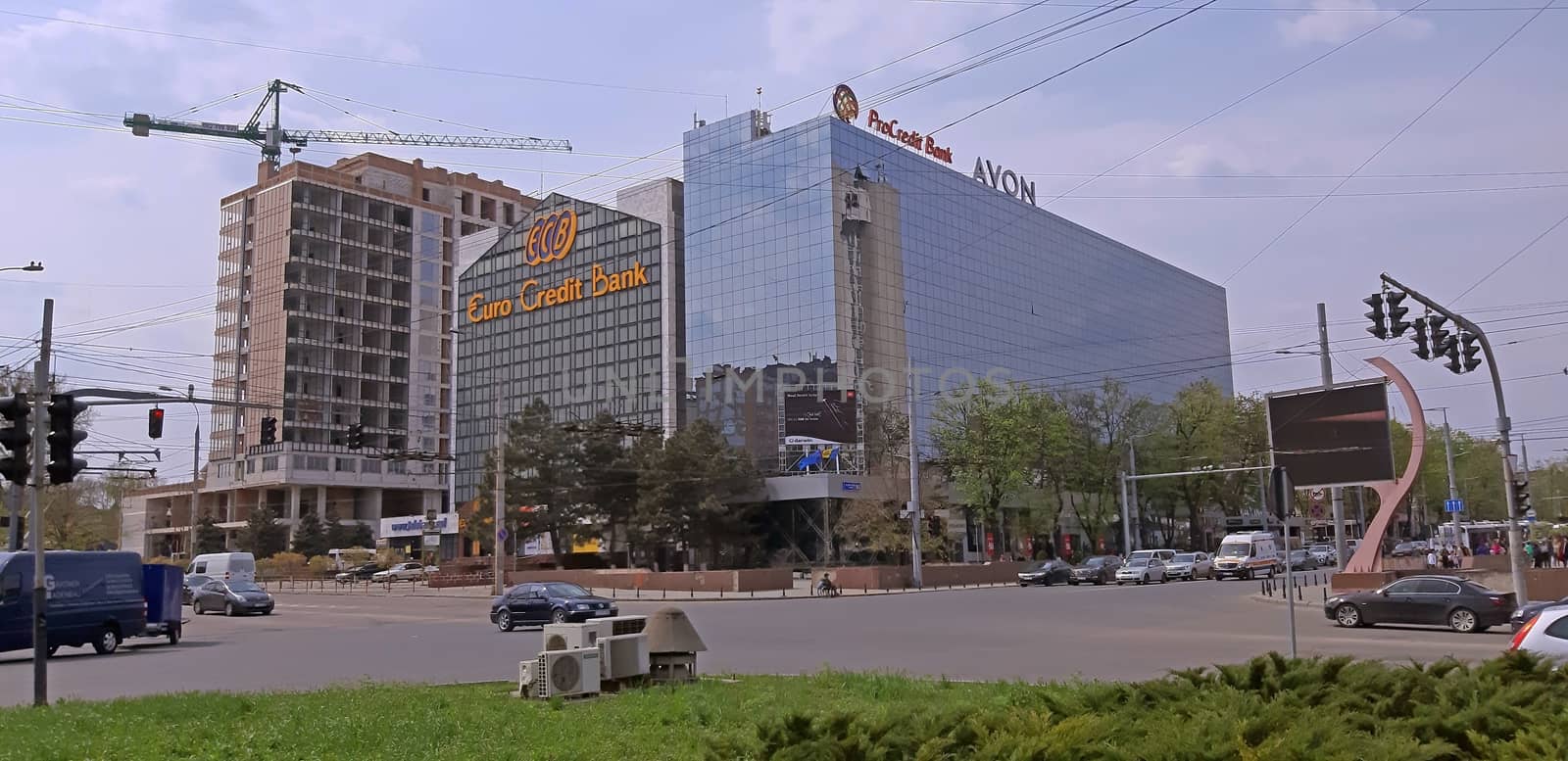 Chisinau, Moldova - April 21 2019. Building under construction near the bank in downtown.