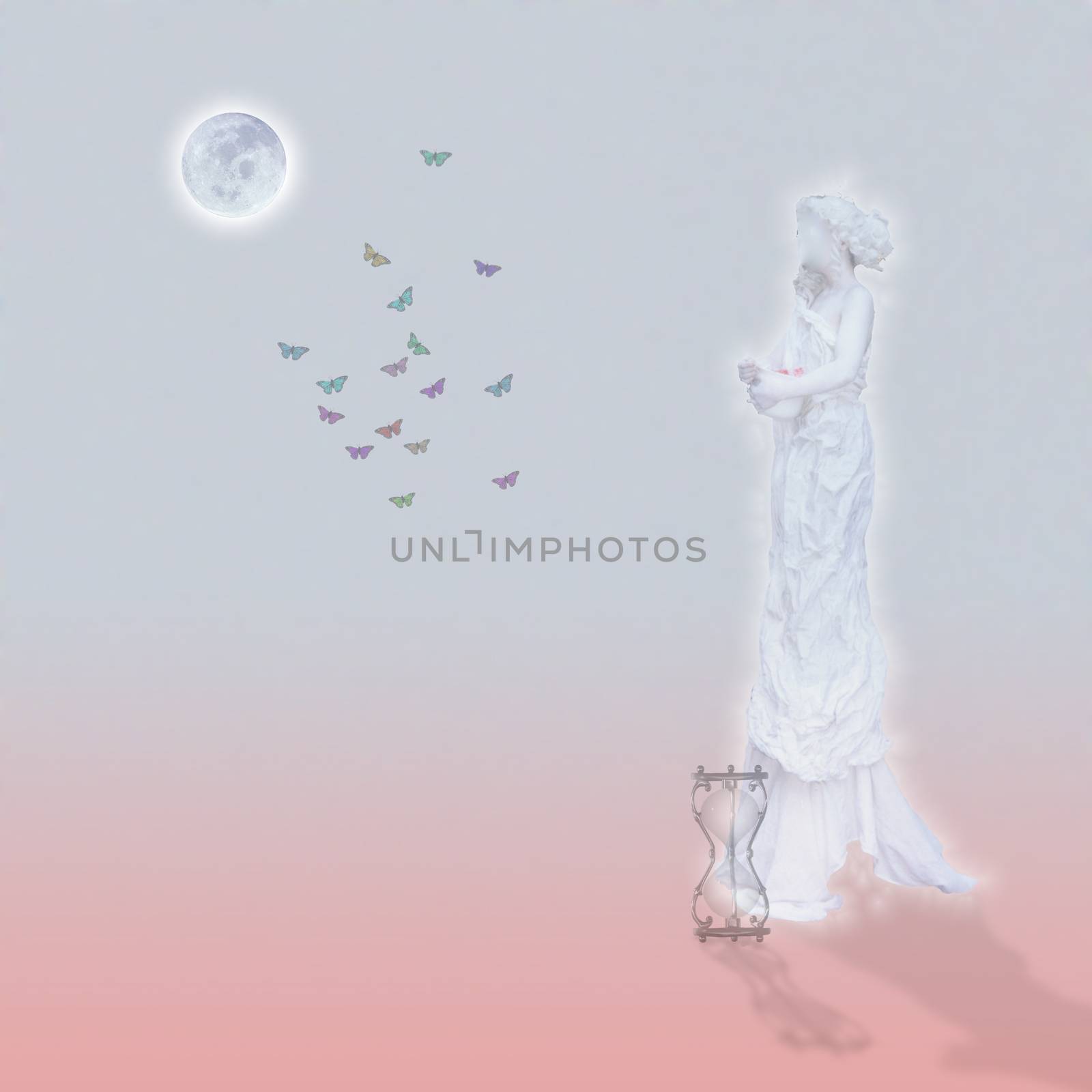 Woman marble statue and butterflies. Glowing moon and hourglass. 3D rendering