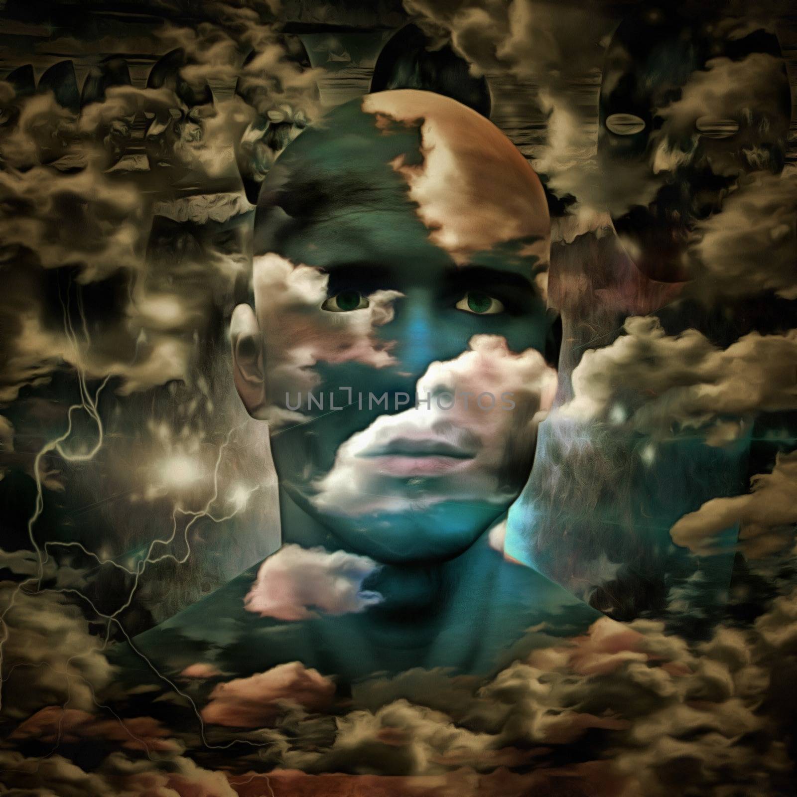 Surreal digital art. Man's head in cloudy sky. 3D rendering