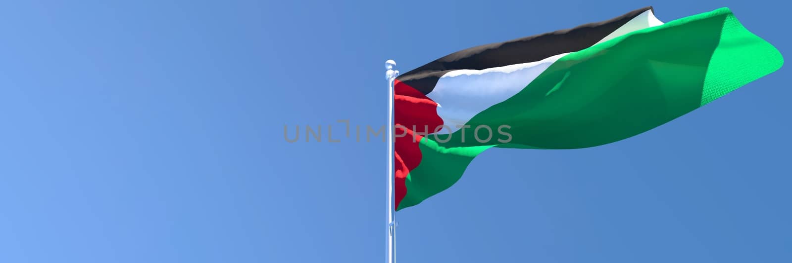 3D rendering of the national flag of Palestine waving in the wind against a blue sky