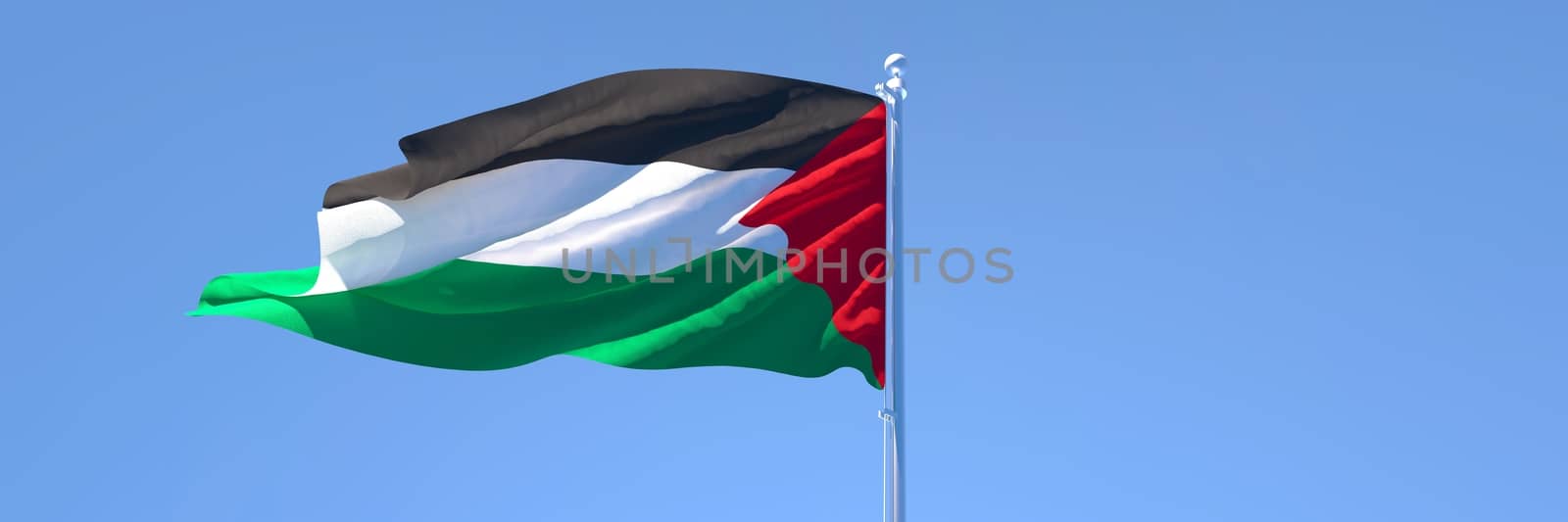 3D rendering of the national flag of Palestine waving in the wind against a blue sky