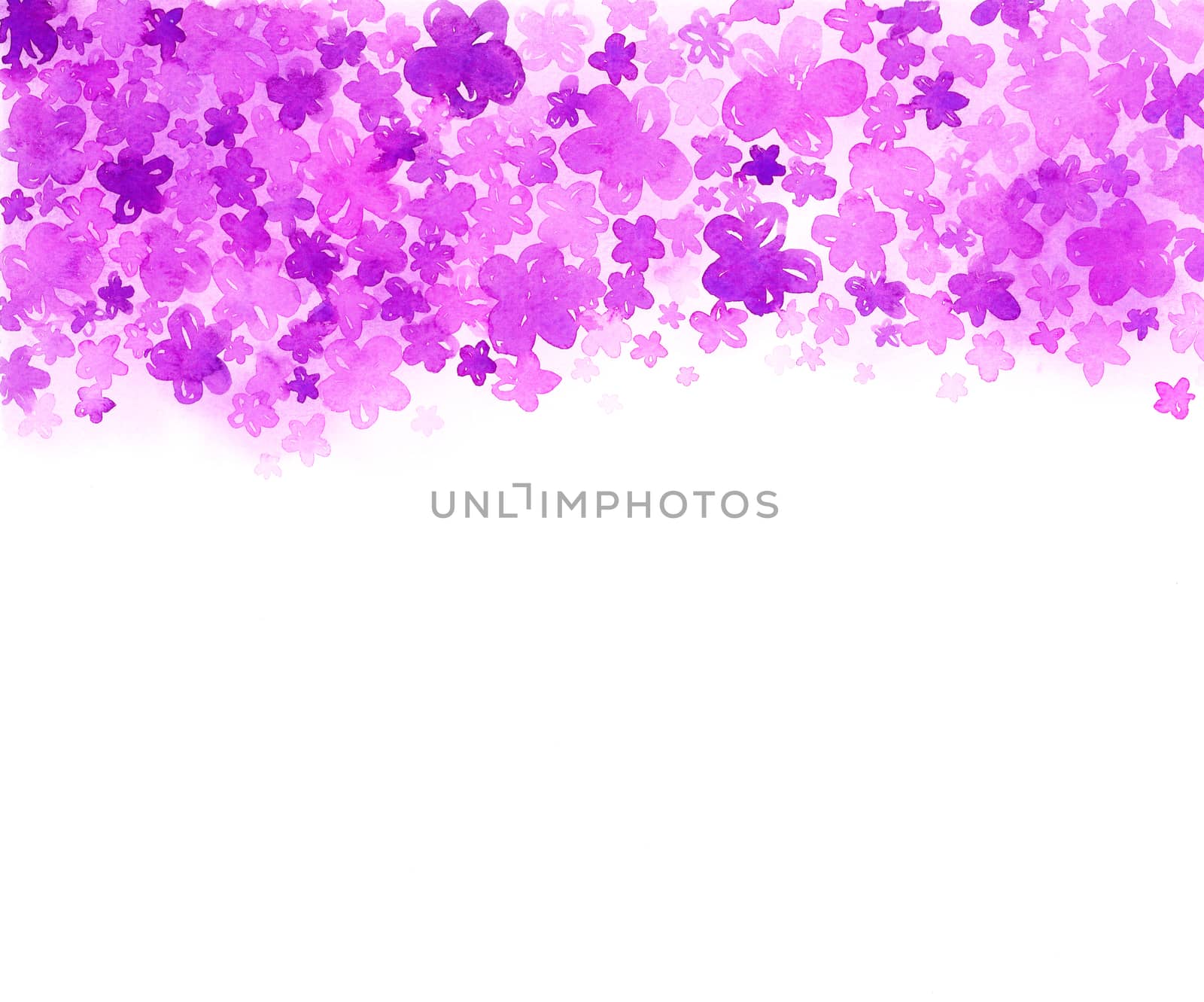 Cute easy drawing pink and purple flower on white background. Freehand watercolor painting. Design element for poster, flyer, invitation card, web banner.