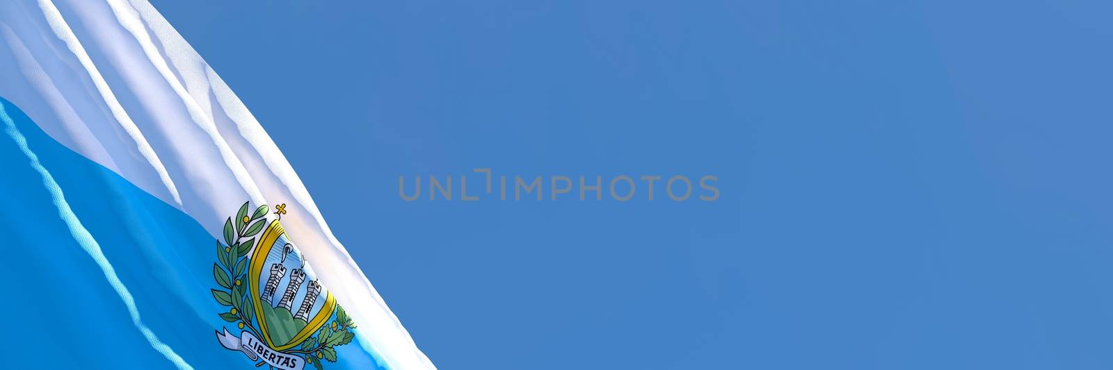 3D rendering of the national flag of San Marino waving in the wind against a blue sky