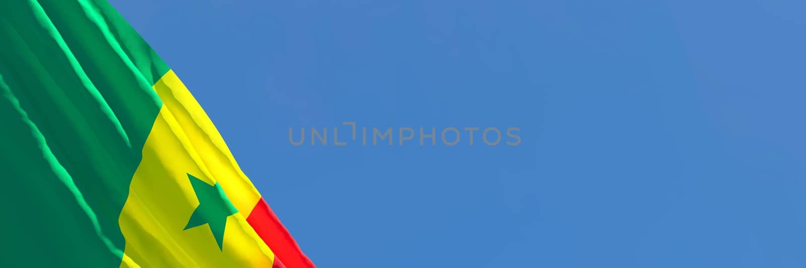 3D rendering of the national flag of Senegal waving in the wind against a blue sky